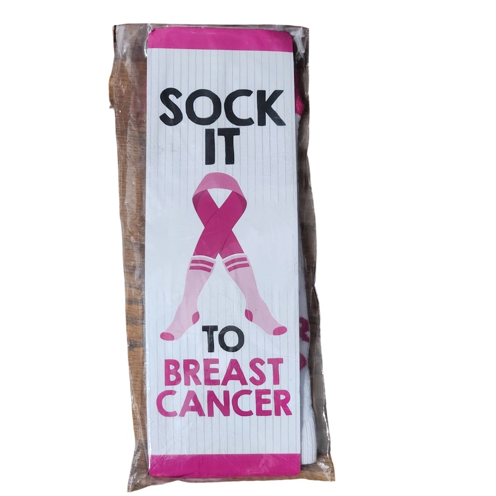 Sock It To Breast Cancer Pink Ribbon Awareness Crew Socks White Pink New